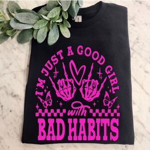 Good girl with bad habits shirt humor retro cute black and pink